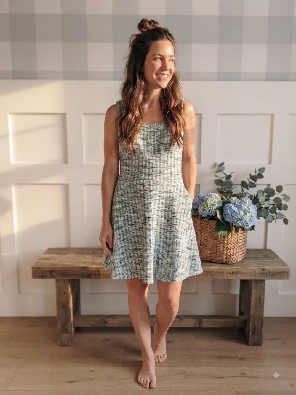 Leota Heathered Blue-Gray Sleeveless Square-Neck Mini Dress Medium